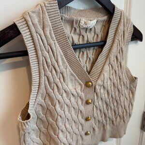 Marled Vest Cream Brown Cable Knit Sweater Vest Gold Button Size Small